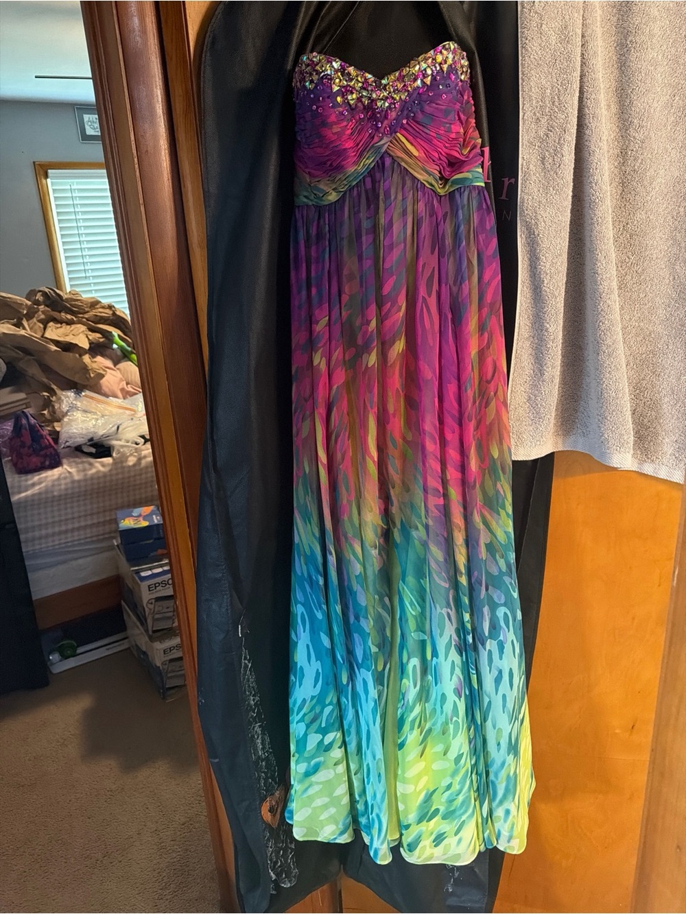 Jovani Multi-Color Rhinestone Strapless Chiffon Maxi Prom Gown 0 W/ Bag & Straps